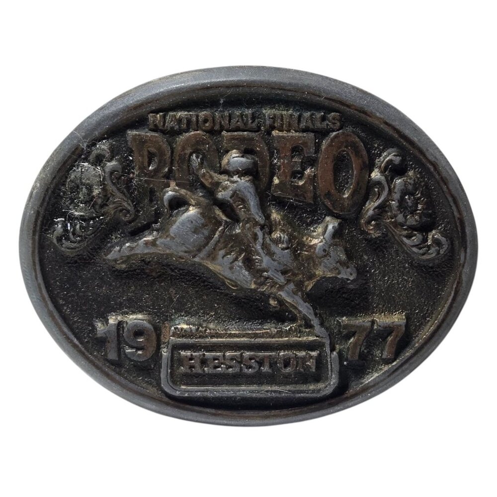 1977 National Finals Rodeo Belt Buckle Bull Riding NFR Hesston Distressed Vtg